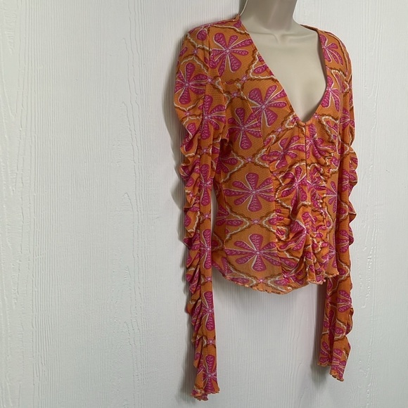 Free People - Through The Meadow Grapefruit Floral Hook And Eye Closure Blouse M - Picture 5 of 13